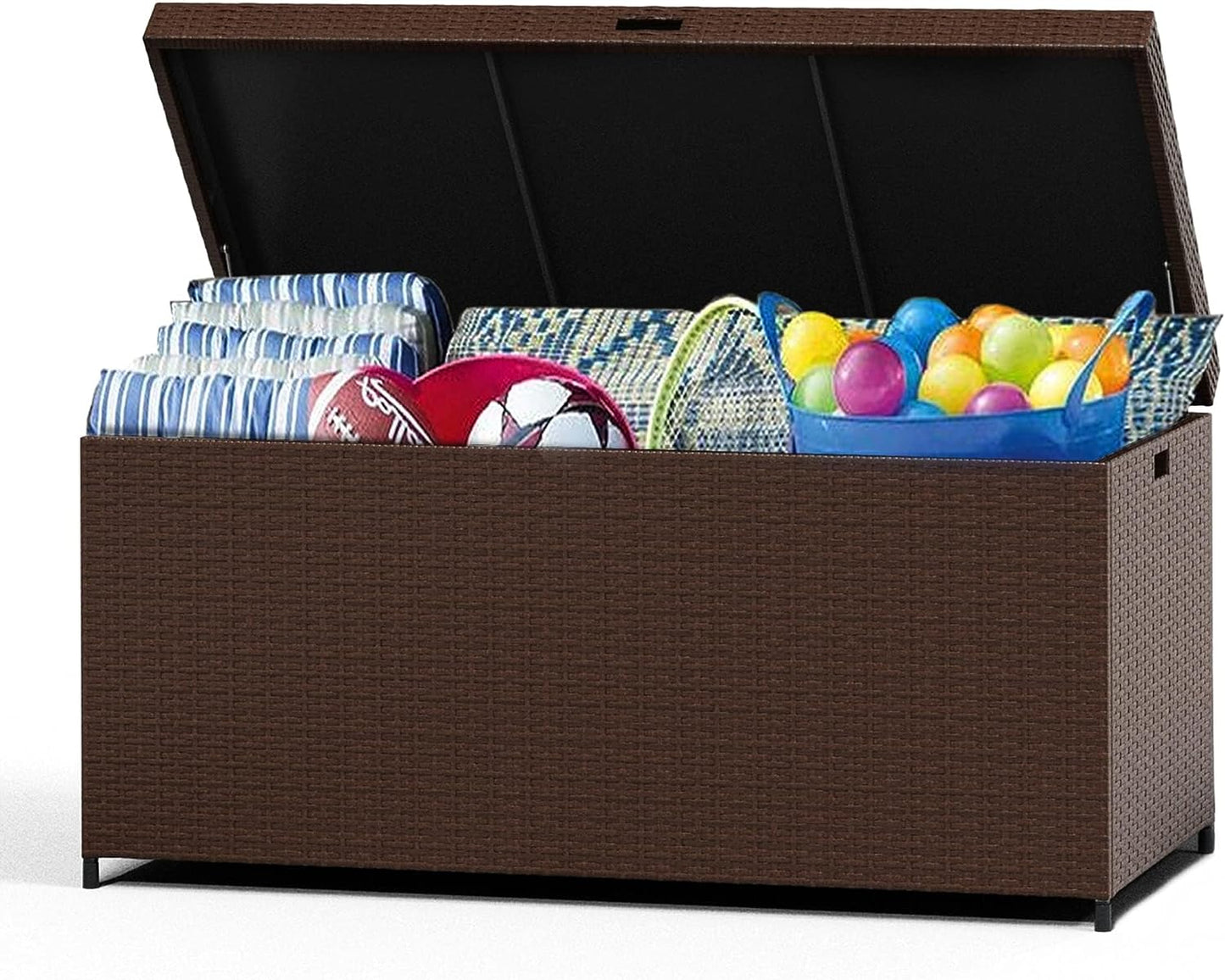 SUNVIVI OUTDOOR Large Patio Storage Box with Waterproof Inner, 140 Gallon Outdoor Wicker Storage Bin for Cushions, Garden Tools, Pool Toys, Aluminum Frame, Brown