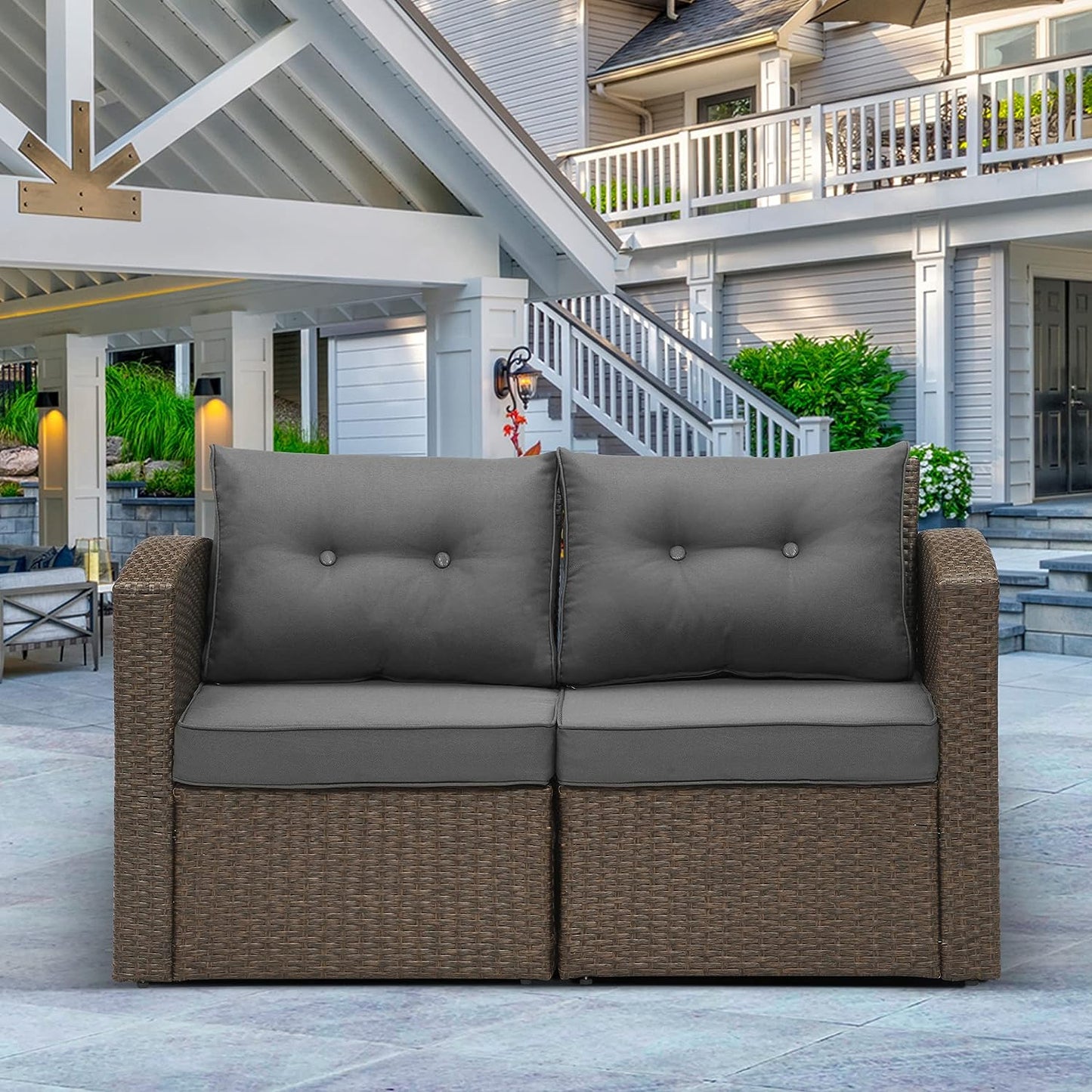 Outdoor Loveseat Patio Furniture Corner Sofa, All-Weather Brown Wicker 2-Piece Rattan Outdoor Sectional Couch Sofa Set with Dark Grey Non-Slip Cushions,Aluminum Frame