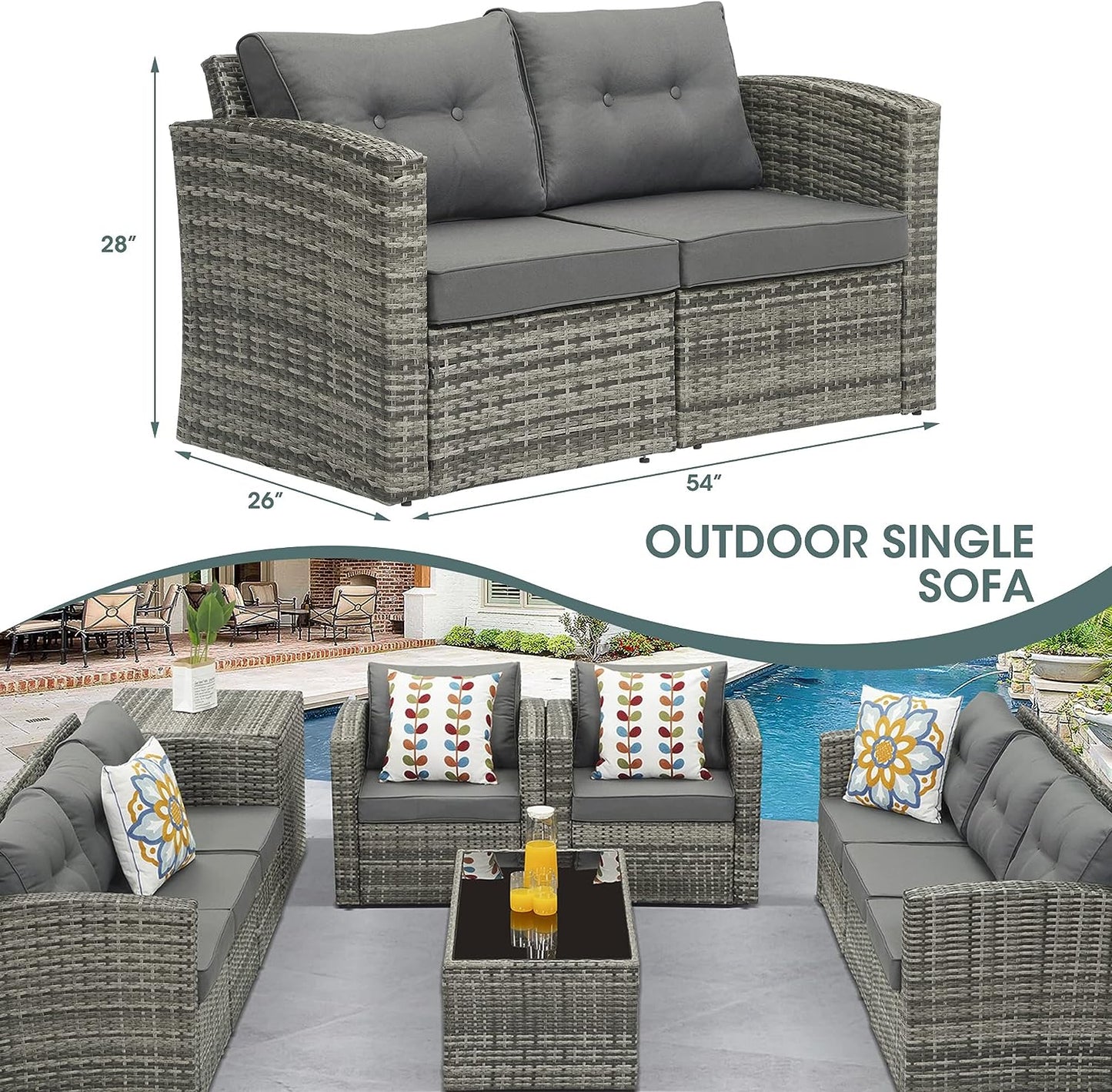Outdoor Loveseat Patio Furniture Corner Sofa, All-Weather Grey Wicker 2-Piece Rattan Outdoor Sectional Couch Sofa Set with Dark Grey Non-Slip Cushions,Aluminum Frame