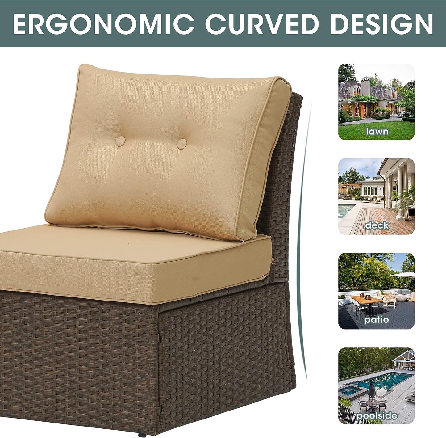 SUNVIVI OUTDOOR Brown Wicker Patio Sofa Chair Armless with Beige Cushions, Aluminum Frame Small Outdoor Couch Chair for Garden Backyard Pool,1 Piece