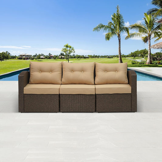 SUNVIVI OUTDOOR Patio Couch Sofa,3-Seat Outdoor Wicker Brown Rattan Sectional Couch Furniture Aluminum Frame with Non-Slip Beige Cushion