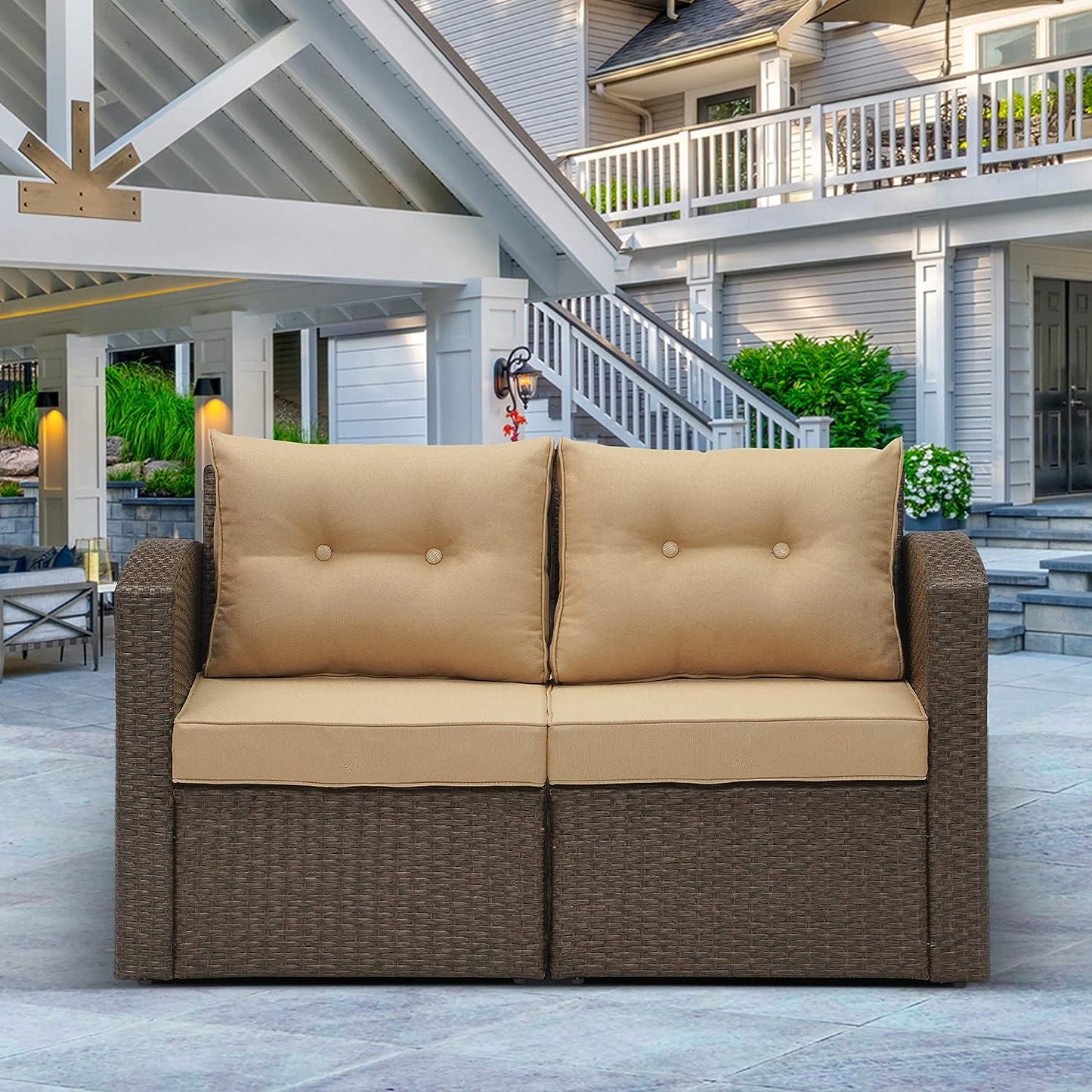 Outdoor Loveseat Patio Furniture Corner Sofa, All-Weather Brown Wicker 2-Piece Rattan Outdoor Sectional Couch Sofa Set with Beige Non-Slip Cushions,Aluminum Frame