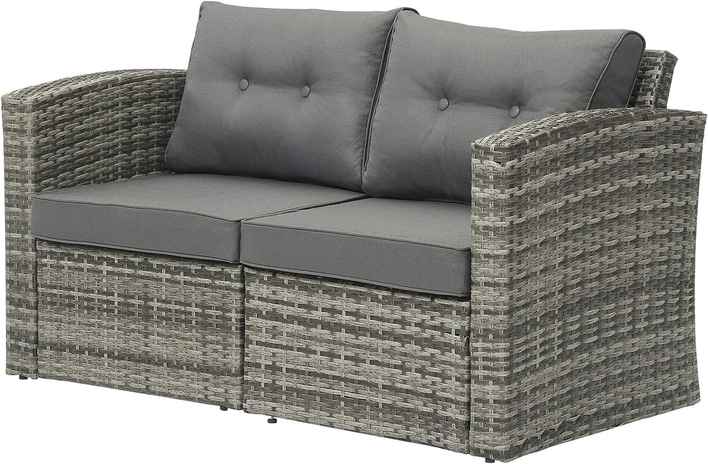 Outdoor Loveseat Patio Furniture Corner Sofa, All-Weather Grey Wicker 2-Piece Rattan Outdoor Sectional Couch Sofa Set with Dark Grey Non-Slip Cushions,Aluminum Frame