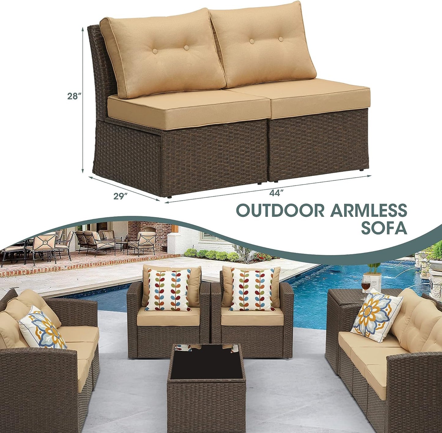SUNVIVI OUTDOOR Brown Wicker Patio Sofa Chair Armless with Beige Cushions, Aluminum Frame Small Outdoor Couch Chair for Garden Backyard Pool,2 Pieces