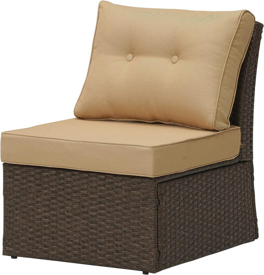 SUNVIVI OUTDOOR Brown Wicker Patio Sofa Chair Armless with Beige Cushions, Aluminum Frame Small Outdoor Couch Chair for Garden Backyard Pool,1 Piece