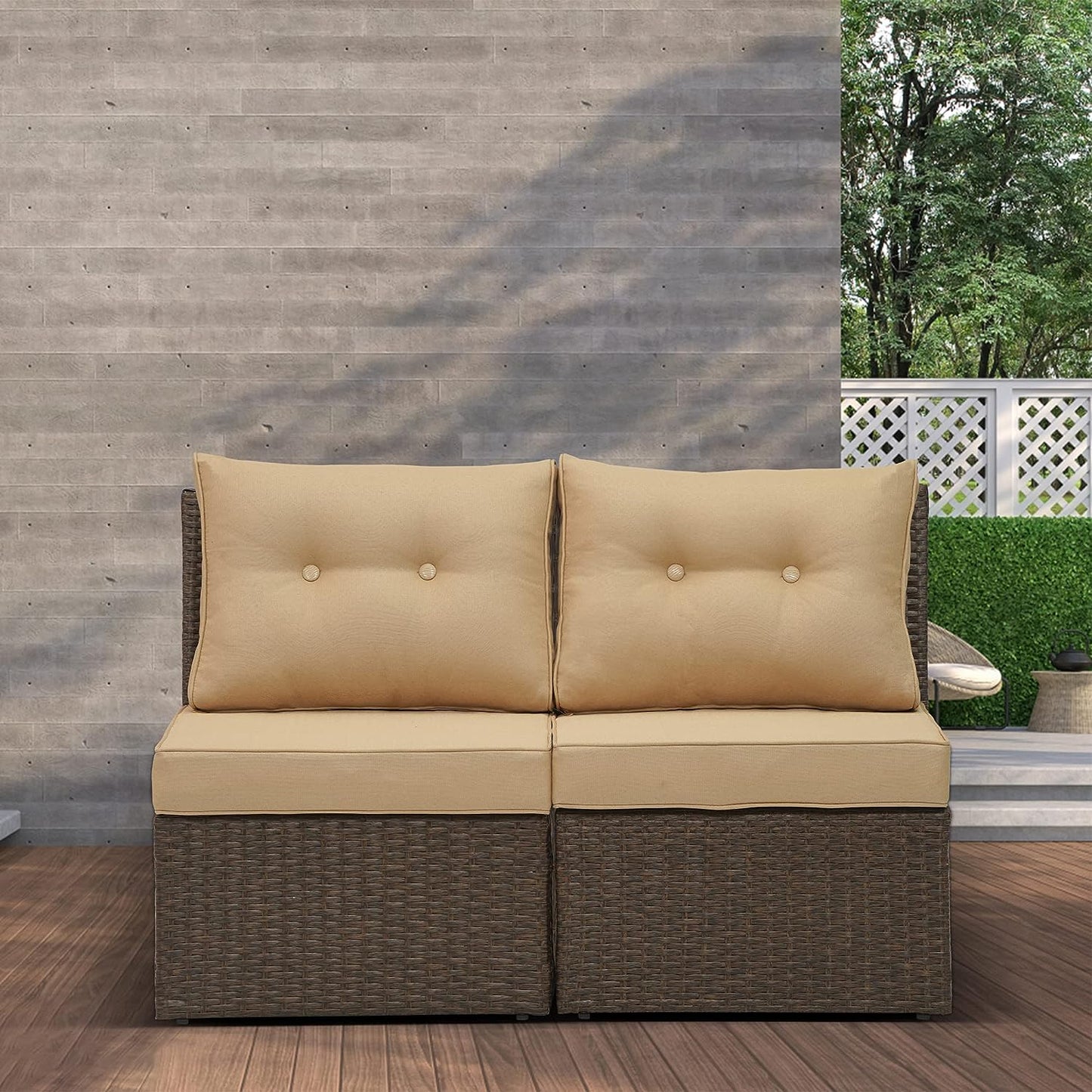 SUNVIVI OUTDOOR Brown Wicker Patio Sofa Chair Armless with Beige Cushions, Aluminum Frame Small Outdoor Couch Chair for Garden Backyard Pool,2 Pieces