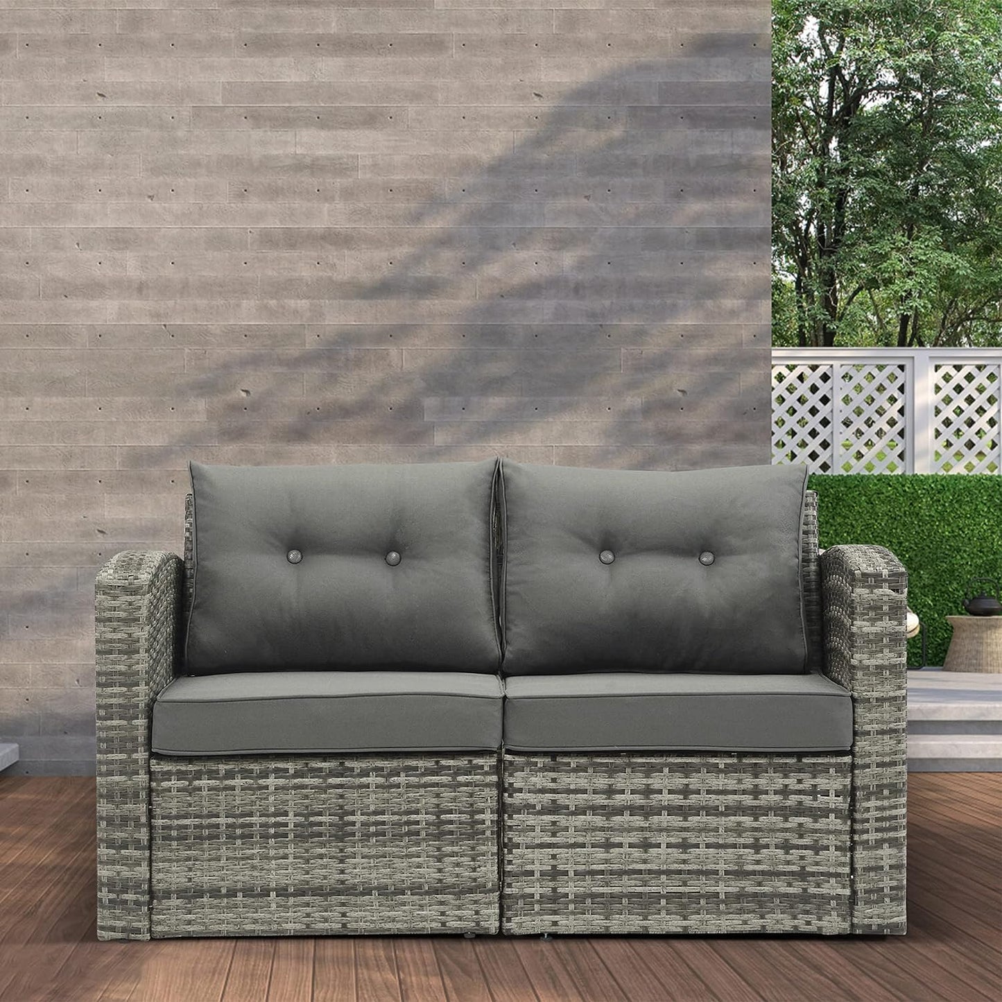 Outdoor Loveseat Patio Furniture Corner Sofa, All-Weather Grey Wicker 2-Piece Rattan Outdoor Sectional Couch Sofa Set with Dark Grey Non-Slip Cushions,Aluminum Frame
