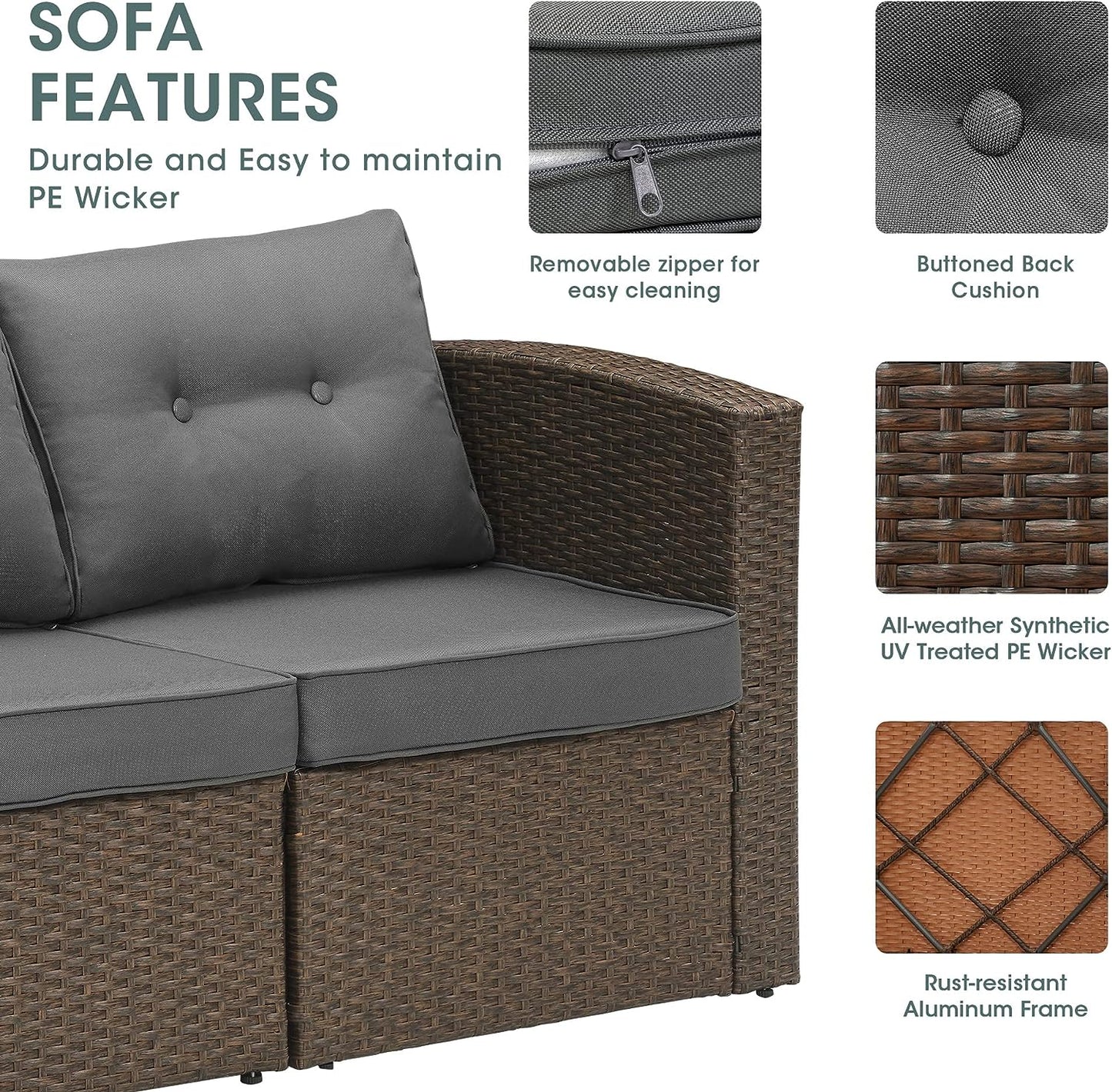 Outdoor Loveseat Patio Furniture Corner Sofa, All-Weather Brown Wicker 2-Piece Rattan Outdoor Sectional Couch Sofa Set with Dark Grey Non-Slip Cushions,Aluminum Frame