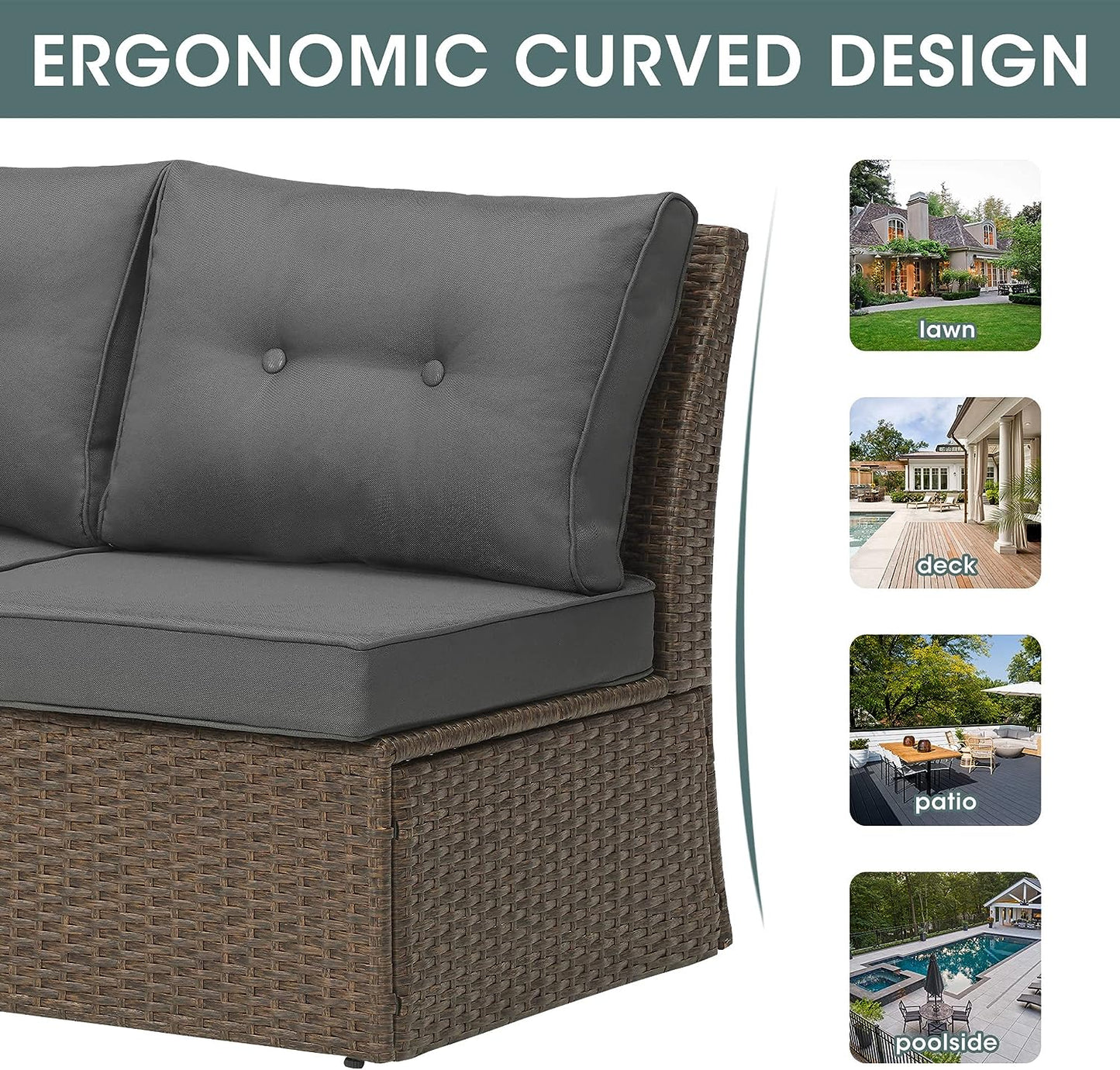 SUNVIVI OUTDOOR Brown Wicker Patio Sofa Chair Armless with Dark Grey Cushions, Aluminum Frame Small Outdoor Couch Chair for Garden Backyard Pool,1 Piece