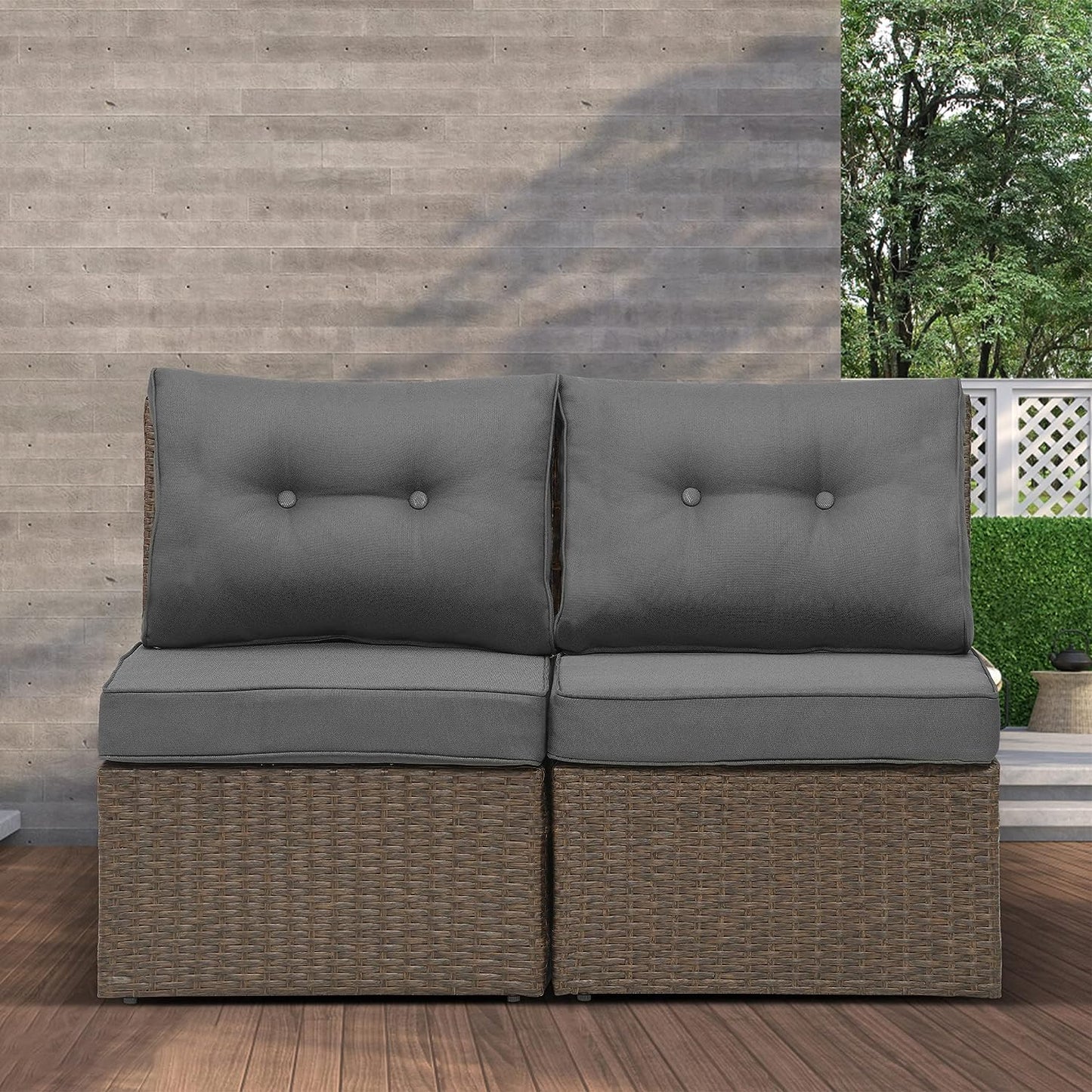 SUNVIVI OUTDOOR Brown Wicker Patio Sofa Chair Armless with Dark Grey Cushions, Aluminum Frame Small Outdoor Couch Chair for Garden Backyard Pool,2 Pieces